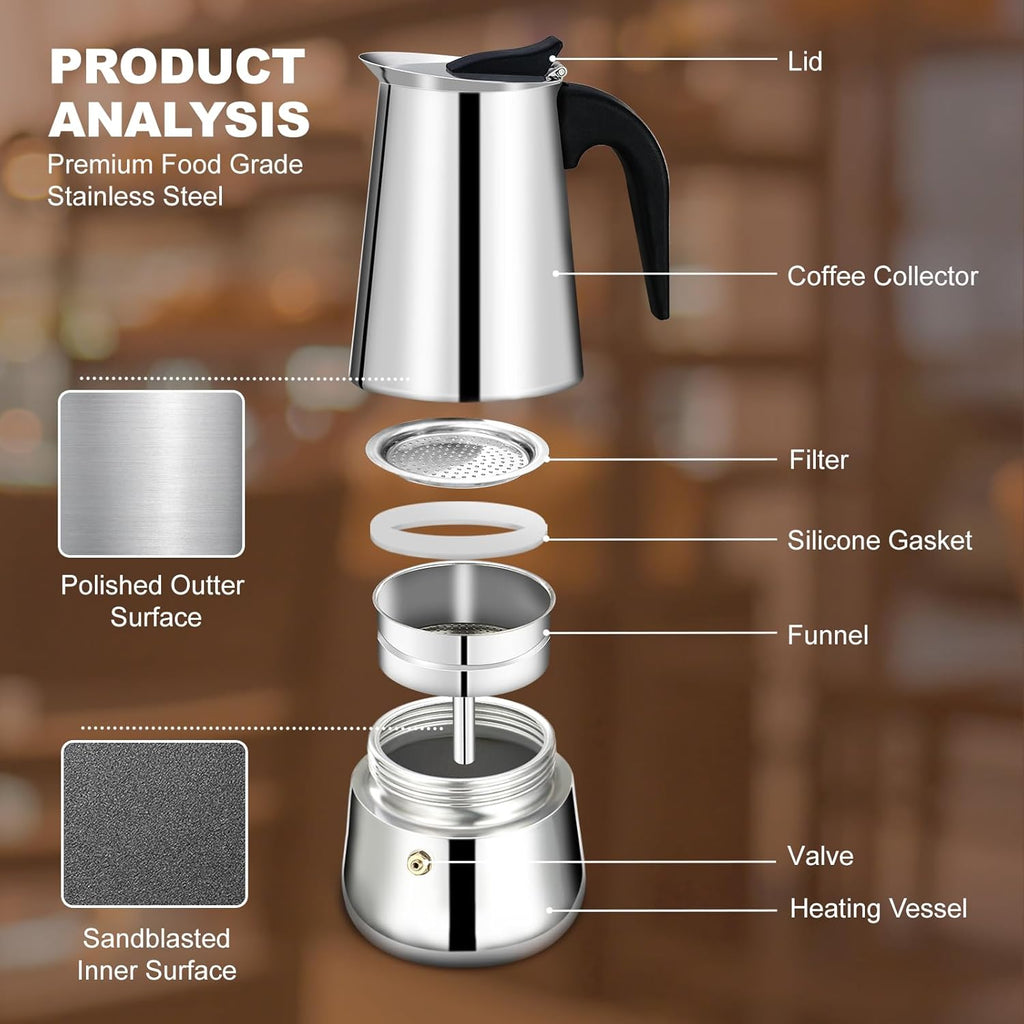 MokaBrew Elite – Cafetera Italiana 4 Tazas en Acero Negro